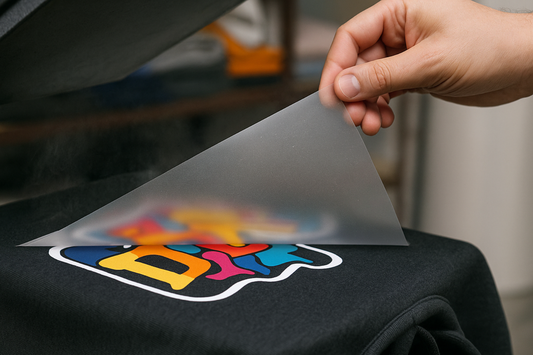 DTF-Transfer auf Hoodie während des Abziehens des PET-Films in der Transferpresse